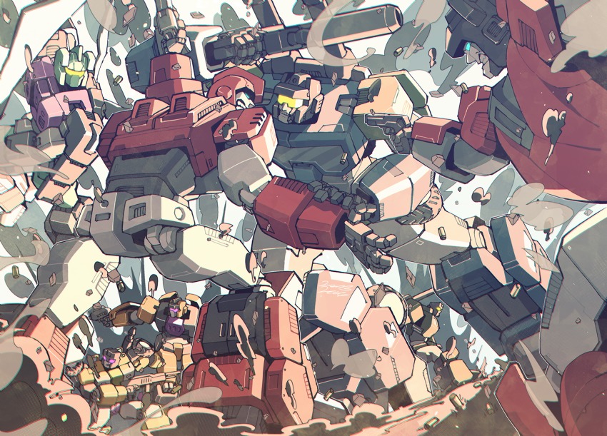 1980s_(style) 6+boys autobot blast_off_(transformers) blastoff borezet brawl_(transformers) cannon combaticon decepticon energy_gun epic fighting glowing glowing_eyes gun ironhide machine machinery male_focus mecha military military_vehicle motor_vehicle multiple_boys no_humans oldschool onslaught_(transformers) red_eyes retro_artstyle robot science_fiction sideswipe swindle_(transformers) tank transformers vortex_(transformers) weapon