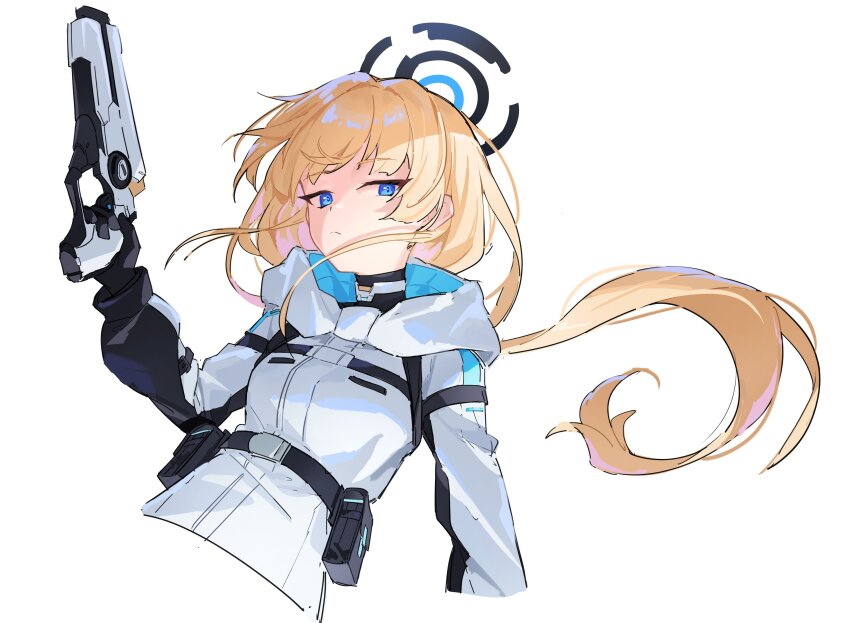 1girl absurdres alternate_costume belt_pouch black_coat black_gloves blonde_hair blue_archive blue_eyes blue_halo closed_mouth coat expressionless gloves gun halo hand_up handgun highres holding holding_gun holding_weapon hood hood_down hooded_coat ken_rqll long_hair long_sleeves multicolored_coat pouch simple_background solo toki_(blue_archive) very_long_hair weapon white_background white_coat winter_clothes