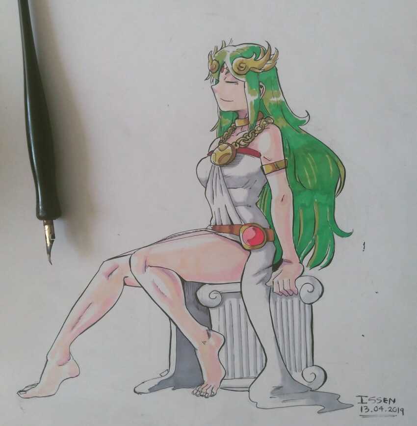 1girl art_tools_in_frame assentlov barefoot breasts chain circlet closed_eyes dated gold_chain green_hair highres kid_icarus kid_icarus_uprising legs long_hair nintendo palutena photo_(medium) signature sitting solo traditional_media very_long_hair
