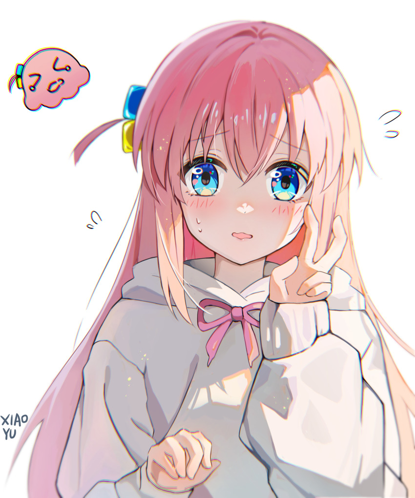 1girl absurdres artist_name blue_eyes blush bocchi_the_rock! bow chinese_commentary choppy_bangs chromatic_aberration commentary_request crossed_bangs cube_hair_ornament embarrassed gotoh_hitori gotoh_hitori_(octopus) hair_between_eyes hair_ornament hand_up highres hood hoodie long_bangs long_hair long_sleeves looking_at_viewer notice_lines parted_lips pink_bow pink_hair raised_inner_eyebrows simple_background solo straight_hair sweat upper_body v wavy_mouth white_background white_hoodie xiaoyu_(hyh224488)