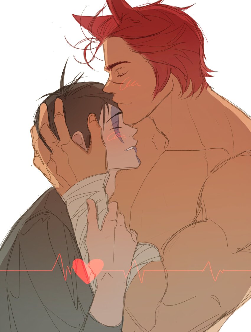 2boys absurdres animal_ears aphelios arm_wrap bare_shoulders biceps black_hair black_shirt cardiogram closed_mouth collarbone commentary couple facial_mark hand_on_another&#039;s_head hand_on_another&#039;s_wrist heart highres kiss kissing_forehead league_of_legends male_focus missoktune multiple_boys parted_lips pectorals profile red_hair scar scar_on_face sett_(league_of_legends) shirt simple_background smile topless_male upper_body white_background yaoi