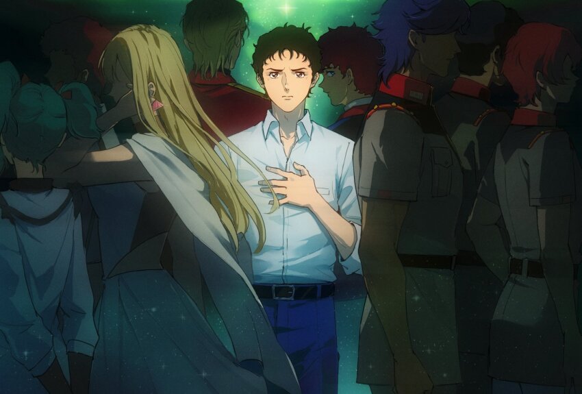 2girls 6+boys amuro_ray back_cutout belt black_belt blonde_hair blue_eyes blue_hair blue_pants bright_noa brown_eyes brown_hair char&#039;s_counterattack char_aznable clothing_cutout coat collared_shirt cowboy_shot dress earrings earth_federation_space_forces ekomozzarella gigi_andalusia green_hair gundam gundam_hathaway&#039;s_flash hathaway_noa hip_vent jewelry kenneth_sleg lane_aim looking_at_viewer looking_back medium_hair multiple_boys multiple_girls pants quess_paraya red_coat red_hair shirt short_hair twintails white_coat white_dress white_shirt