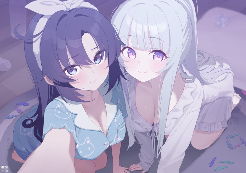2girls :q arm_support artist_name barefoot blue_archive blue_pajamas blurry blurry_background bottle breasts cleavage closed_mouth deyui fanbox_logo feet frilled_pajamas frills grey_hair hair_between_eyes heads_together highres indoors large_breasts light_blush long_hair long_sleeves looking_at_viewer multiple_girls nightgown noa_(blue_archive) noa_(pajamas)_(blue_archive) official_alternate_costume paid_reward_available pajamas patreon_logo plastic_bottle purple_eyes purple_hair revision rug seiza sitting sleepwear smile soles toes tongue tongue_out very_long_hair water_bottle white_nightgown white_pajamas wooden_floor yuuka_(blue_archive) yuuka_(pajamas)_(blue_archive)