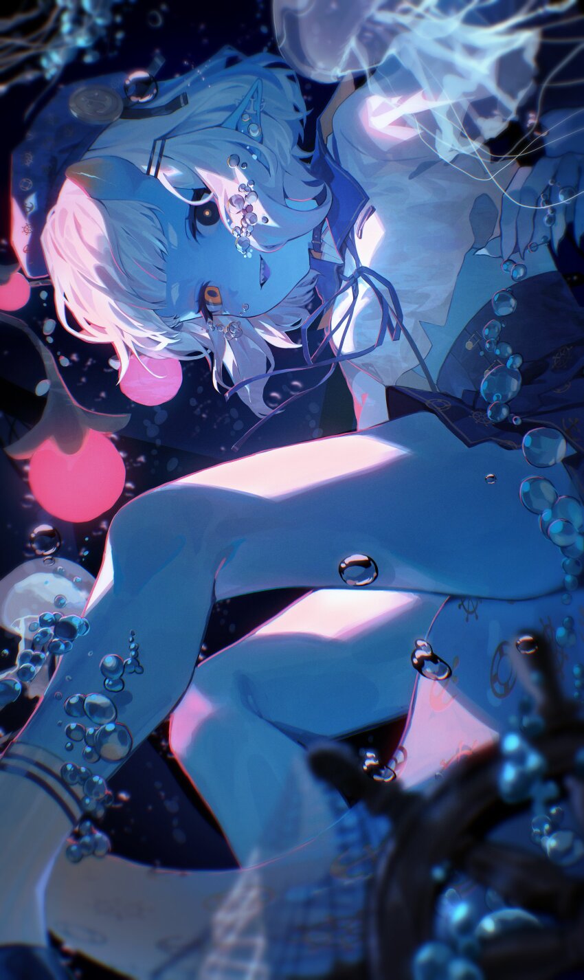 1girl absurdres beret black_eyes blue_choker blue_hat blue_sailor_collar blue_skin blue_skirt blue_theme blurry blurry_foreground borrowed_character bubble choker claws colored_skin hair_ornament hairclip hat heterochromia high-waist_skirt highres horns iwai_ku_tsuki jellyfish legs orange_eyes orange_pupils original pointy_ears sailor_collar sea_angel_(monoco55) second-party_source sharp_teeth shirt skin-covered_horns skirt socks solo tail teeth underwater white_hair white_shirt