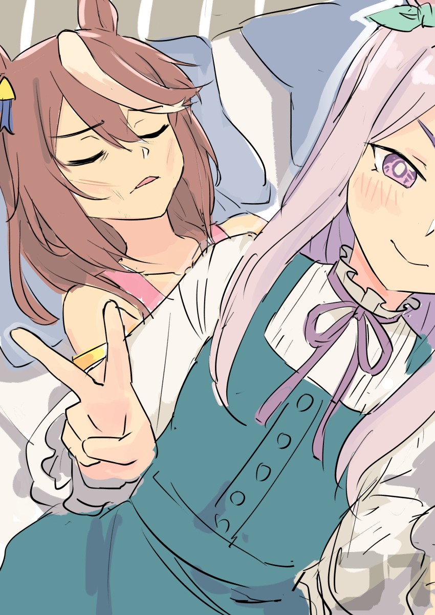 2girls absurdres animal_ears aqua_dress blouse blush brown_hair closed_eyes collar commentary dress dutch_angle exhausted frilled_collar frilled_shirt frills guy_tired_after_sex_(meme) head_on_pillow head_out_of_frame highres horse_ears horse_girl jtleeklm long_hair long_sleeves lying mejiro_mcqueen_(umamusume) meme multicolored_hair multiple_girls neck_ribbon on_back on_bed pillow pinafore_dress pink_tank_top purple_eyes purple_hair purple_ribbon ribbon selfie shirt sleeveless sleeveless_dress smile smug streaked_hair sunken_cheeks tank_top tokai_teio_(umamusume) umamusume unconscious v white_hair white_shirt yuri