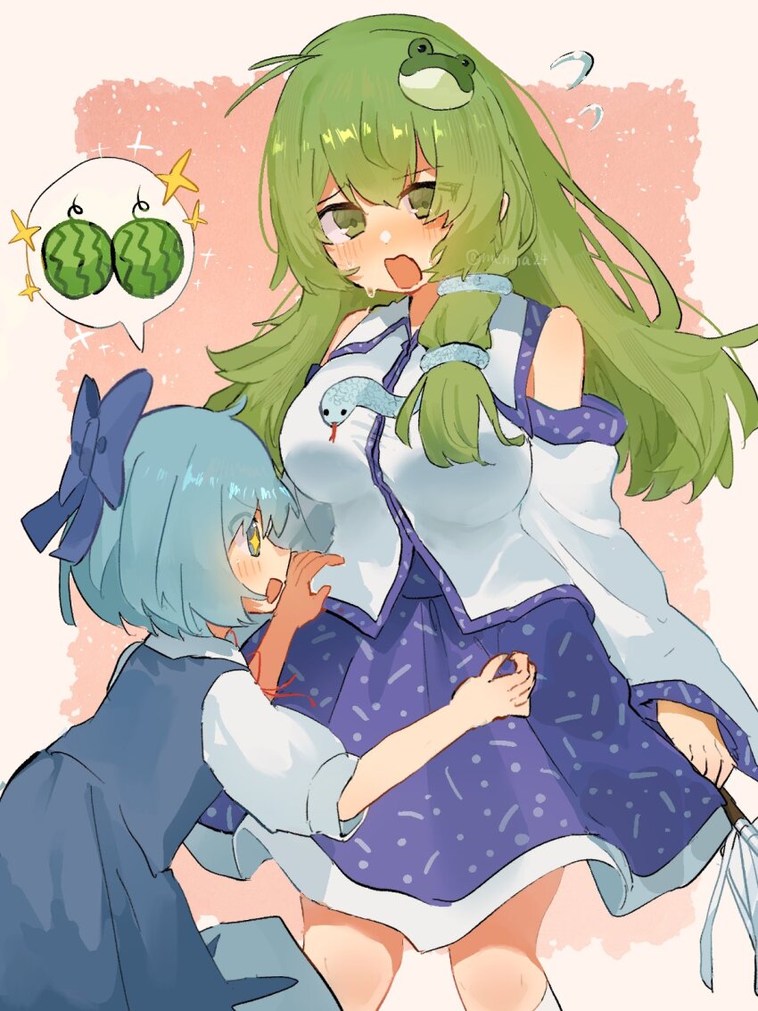 2girls :d bare_shoulders blue_bow blue_dress blue_hair blue_skirt blush_stickers bow breasts cirno collared_shirt detached_sleeves dress edamanecha embarrassed flying_sweatdrops food frog_hair_ornament fruit gohei green_eyes green_hair hair_ornament highres holding holding_gohei kochiya_sanae large_breasts long_hair long_sleeves looking_at_another looking_at_breasts multiple_girls open_mouth patterned_clothing print_skirt shirt single_sidelock skirt skirt_set sleeveless sleeveless_shirt smile snake_hair_ornament sparkle sparkling_eyes speech_bubble sweatdrop touhou upper_body watermelon white_sleeves wide_sleeves