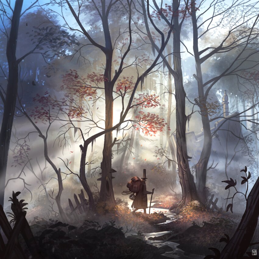 1boy bag bare_tree branch cane day fence fog forest grass hat highres hiking leaf light_rays long_sleeves nature original outdoors rock ruins scenery solo stream sunbeam sunlight top_hat tree walking waltjan water