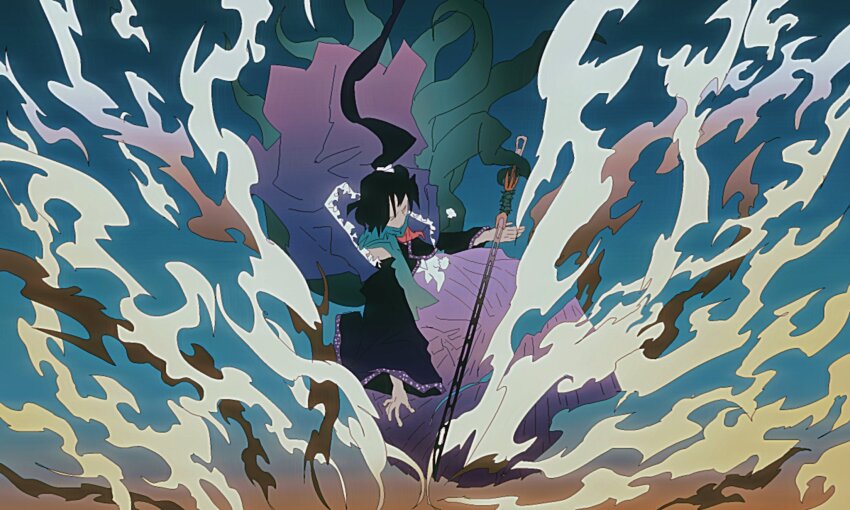 1other adagumo_no_yaorochi androgynous bare_shoulders black_hair black_kimono black_sleeves blue_sky bottle_opener cape chinese_commentary commentary_request dawn detached_sleeves faceless floating floating_cape floating_hair floral_print frilled_cape full_body gradient_sky green_jacket green_scarf hair_ornament hair_scrunchie hakama hakama_skirt high_side_ponytail highres holding holding_sword holding_weapon jacket japanese_clothes jinbaori kimono len&#039;en long_hair long_sleeves multiple_tails mxx33 other_focus outdoors pom_pom_(clothes) prehensile_tail purple_cape purple_hakama red_scarf scarf scrunchie skirt sky sleeveless sleeveless_kimono smoke snake_tail solo sword sword_of_kusanagi tail tasouken very_long_hair weapon white_scrunchie wide_sleeves