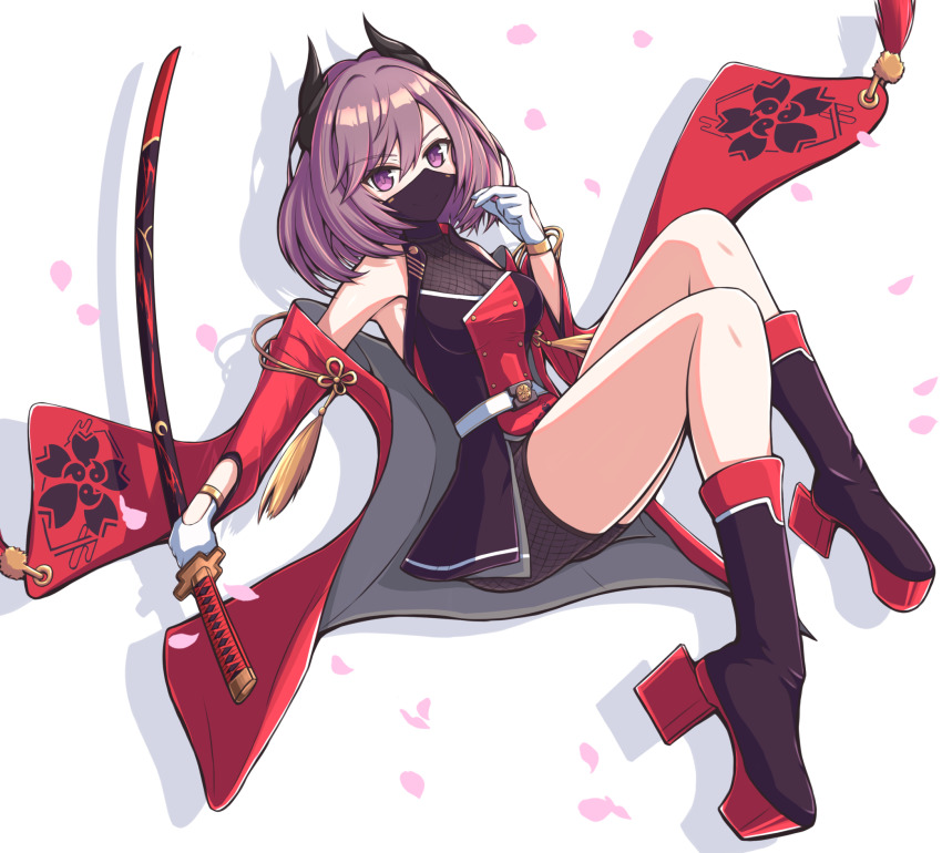 1girl azur_lane black_dress black_footwear black_horns black_shorts coat degawa1121 dress full_body gloves highres holding holding_sword holding_weapon horns kirishima_(azur_lane) looking_at_viewer mask medium_hair microdress mouth_mask open_clothes open_coat petals purple_eyes purple_hair red_coat rudder_footwear sakura_empire_(emblem) shorts simple_background sleeveless sleeveless_dress sword weapon white_background white_gloves