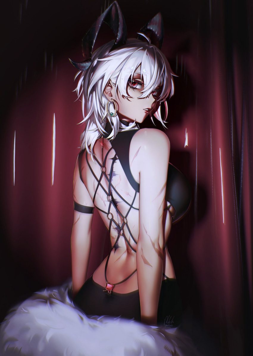 1girl absurdres ahoge arm_strap black_bustier black_horns black_pants breasts commentary cowboy_shot criss-cross_back-straps curtains earrings english_commentary from_behind fur_trim hair_between_eyes highres horns jewelry large_breasts looking_back medium_hair mole mole_under_eye o-ring pants parted_lips paulluxh purple_eyes purple_lips scar scar_on_arm scar_on_back scars_all_over signature solo teeth too_many white_hair wuthering_waves zani_(wuthering_waves)