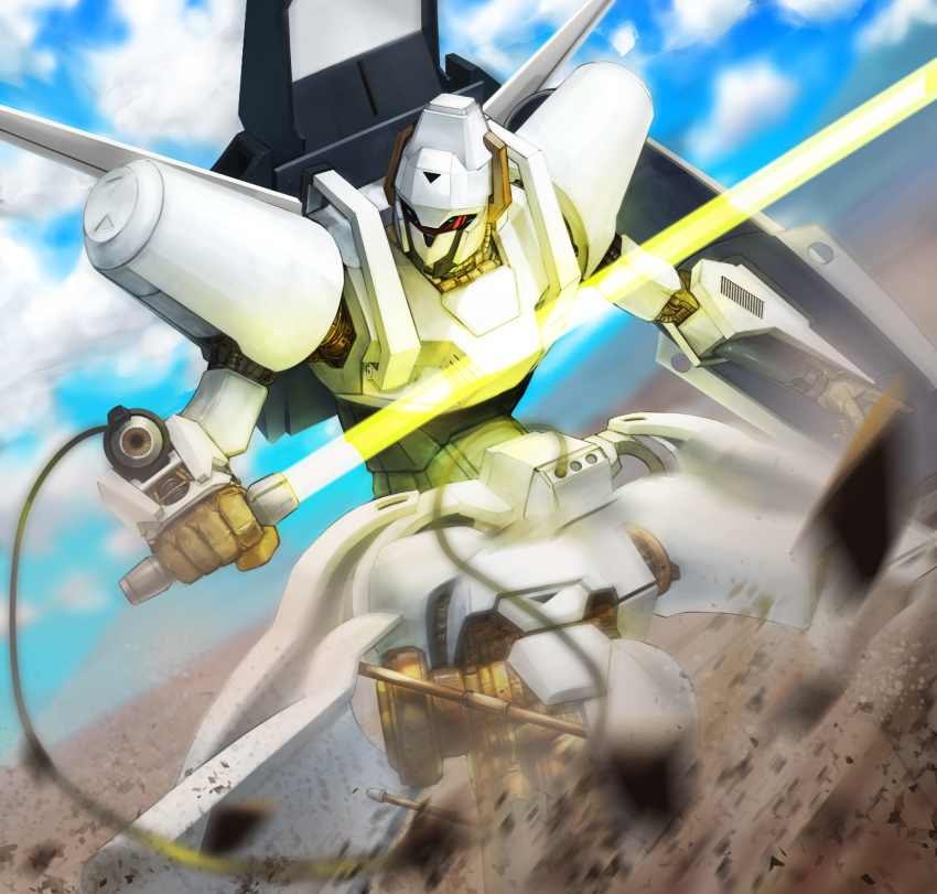 arm_cannon cloud debris energy_sword highres holding holding_sword holding_weapon juusenki_l-gaim l-gaim mecha motion_blur no_humans robot sterben sword weapon
