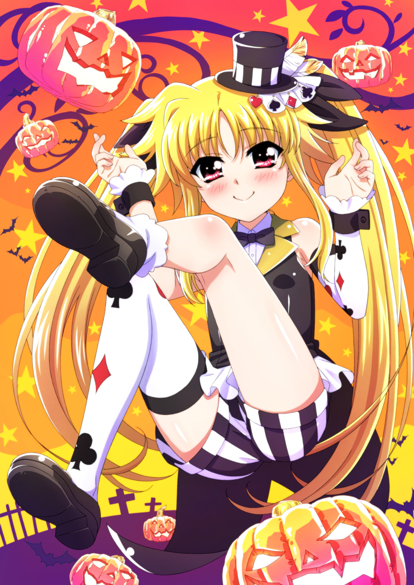 1girl asymmetrical_legwear bat_(animal) black_bow black_bowtie black_hat black_ribbon black_shorts black_vest blonde_hair blush bow bowtie clover commentary_request detached_sleeves diamond_(shape) fate_testarossa floating frilled_cuffs graveyard hair_ribbon halloween halloween_costume hat highres jack-o&#039;-lantern leg_up looking_at_viewer lyrical_nanoha lyrical_store mini_hat mini_top_hat miyajima_hitoshi orange_sky outdoors partial_commentary print_sleeves print_thighhighs red_eyes ribbon shirt short_shorts shorts single_sleeve sky sleeveless sleeveless_shirt socks solo spade_(shape) star_(sky) starry_sky striped_clothes striped_shorts thighhighs tilted_headwear top_hat twilight twintails vertical-striped_clothes vertical-striped_shorts vest white_shirt white_sleeves white_socks white_thighhighs wing_collar