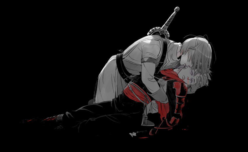 2boys armlet belt black_background blood blood_from_mouth camus_(dq11) closed_eyes commentary_request cosplay cradling_head dragon_quest dragon_quest_xi earrings erdrick&#039;s_sword fingerless_gloves gloves hair_over_eyes hero_(dq11) hoop_earrings injury jewelry kamei_(yokoshima-ko) male_focus multiple_boys nosebleed official_alternate_costume red_sash red_scarf roche_(dq11) roche_(dq11)_(cosplay) sash scarf short_hair spiked_hair spot_color sword sword_on_back tabard weapon weapon_on_back