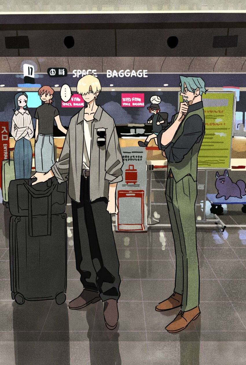 ... 2girls 3boys airport amate_yuzuriha beard black_hair blonde_hair blue_eyes brown_hair challia_bull char_aznable comoli_harcourt dog facial_hair green_eyes green_hair gundam gundam_gquuuuuux hair_over_one_eye haro highres indoors long_sleeves multiple_boys multiple_girls mustache pants red_hair rolling_suitcase shirouzu_(gundam) shirt shoes short_hair smile speech_bubble spoken_ellipsis suitcase takeuchi_ryousuke vest xavier_olivette