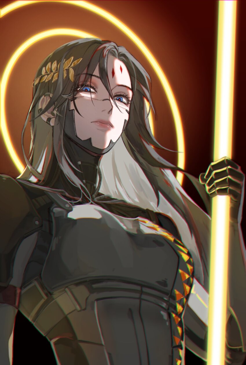 1girl armor black_armor black_gloves black_hair blue_eyes closed_mouth falke_(signalis) from_below gloves halo halo_behind_head highres holding holding_staff laurels lips long_hair looking_at_viewer parted_bangs seagnalis sidelocks signalis solo staff upper_body very_long_hair