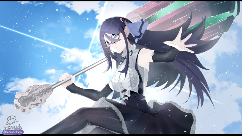 1girl absurdres assault_lily bare_shoulders black_hair black_pantyhose black_ribbon black_skirt blue_ribbon blue_sky bow breasts center_frills closed_mouth cloud day detached_sleeves floating_hair frilled_shirt frilled_shirt_collar frilled_skirt frills gem gem_hair_ornament hair_between_eyes hair_ribbon hands_up highres holding holding_weapon huge_weapon leg_up letterboxed light_particles long_hair long_sleeves looking_ahead looking_over_eyewear mashima_moyu medium_breasts miniskirt neck_ribbon open_hand outdoors over_shoulder pantyhose red-framed_eyewear red_gemstone ribbon school_uniform shirt skirt sky sleeveless sleeveless_shirt sleeves_past_wrists solo twitter_username underbust v-shaped_eyebrows weapon weapon_over_shoulder white_bow white_shirt yurigaoka_girls_academy_school_uniform zeroartwo