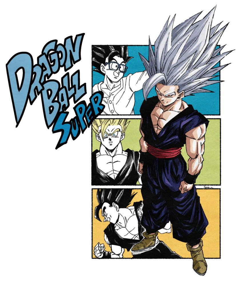 1boy big_hair black_hair clenched_hand clenched_teeth copyright_name dougi dragon_ball dragon_ball_super dragon_ball_super_super_hero dragonball_z fenyon full_body glasses gohan_beast grey_hair highres male_focus multiple_views red_eyes red_sash sash son_gohan spiked_hair standing super_saiyan teeth