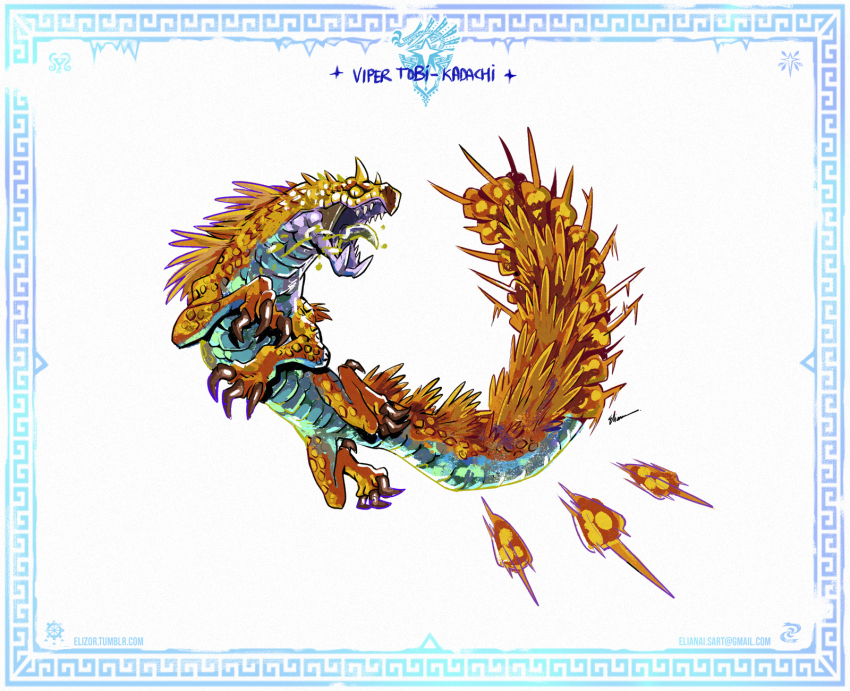border character_name claws eliz0r email_address highres jumping monster monster_hunter:_world monster_hunter_(series) monster_hunter_world:_iceborne no_humans open_mouth simple_background slit_pupils tumblr_username viper_tobi-kadachi yellow_eyes