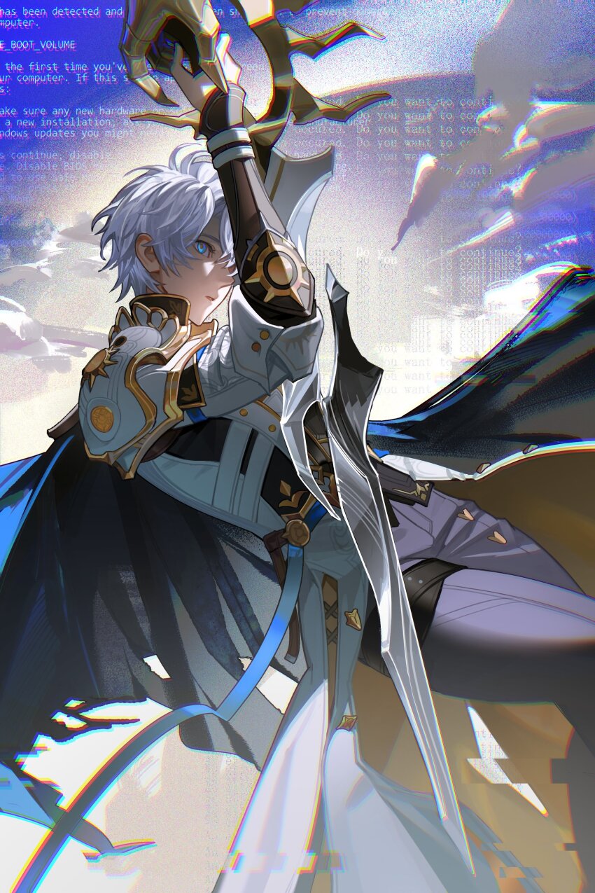 1boy absurdres antenna_hair armor black_pants black_shirt blue_cape blue_eyes blue_screen_of_death cape coat commentary english_commentary glitch highres holding holding_sword holding_weapon honkai:_star_rail honkai_(series) kiraandfriends male_focus pants parted_bangs parted_lips pauldrons phainon_(honkai:_star_rail) shirt short_hair shoulder_armor single_pauldron solo sword thigh_strap weapon white_coat white_hair
