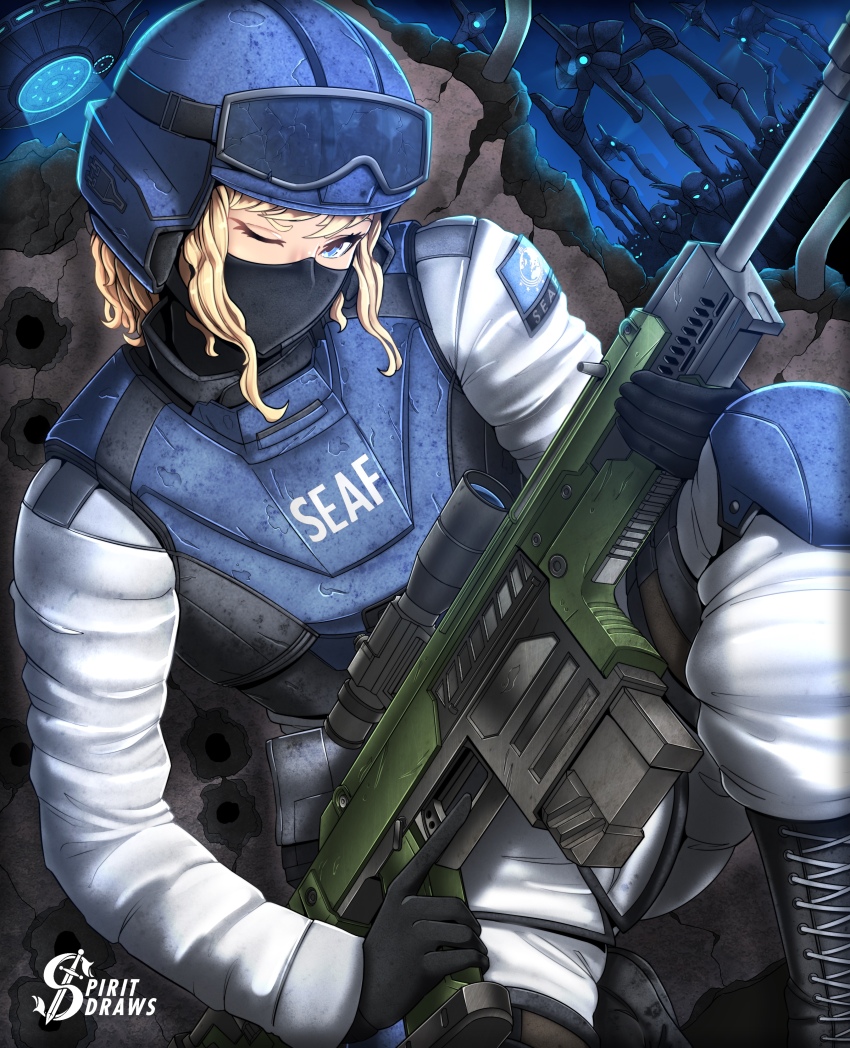 1girl absurdres armor artist_name black_gloves blonde_hair blue_eyes body_armor gloves goggles goggles_on_headwear gun helldivers_(series) helmet highres holding holding_gun holding_weapon long_sleeves looking_at_viewer mask military military_uniform mouth_mask one_eye_closed pants rifle scope seaf_soldier_(helldivers) short_hair solo spiritdraws weapon white_pants