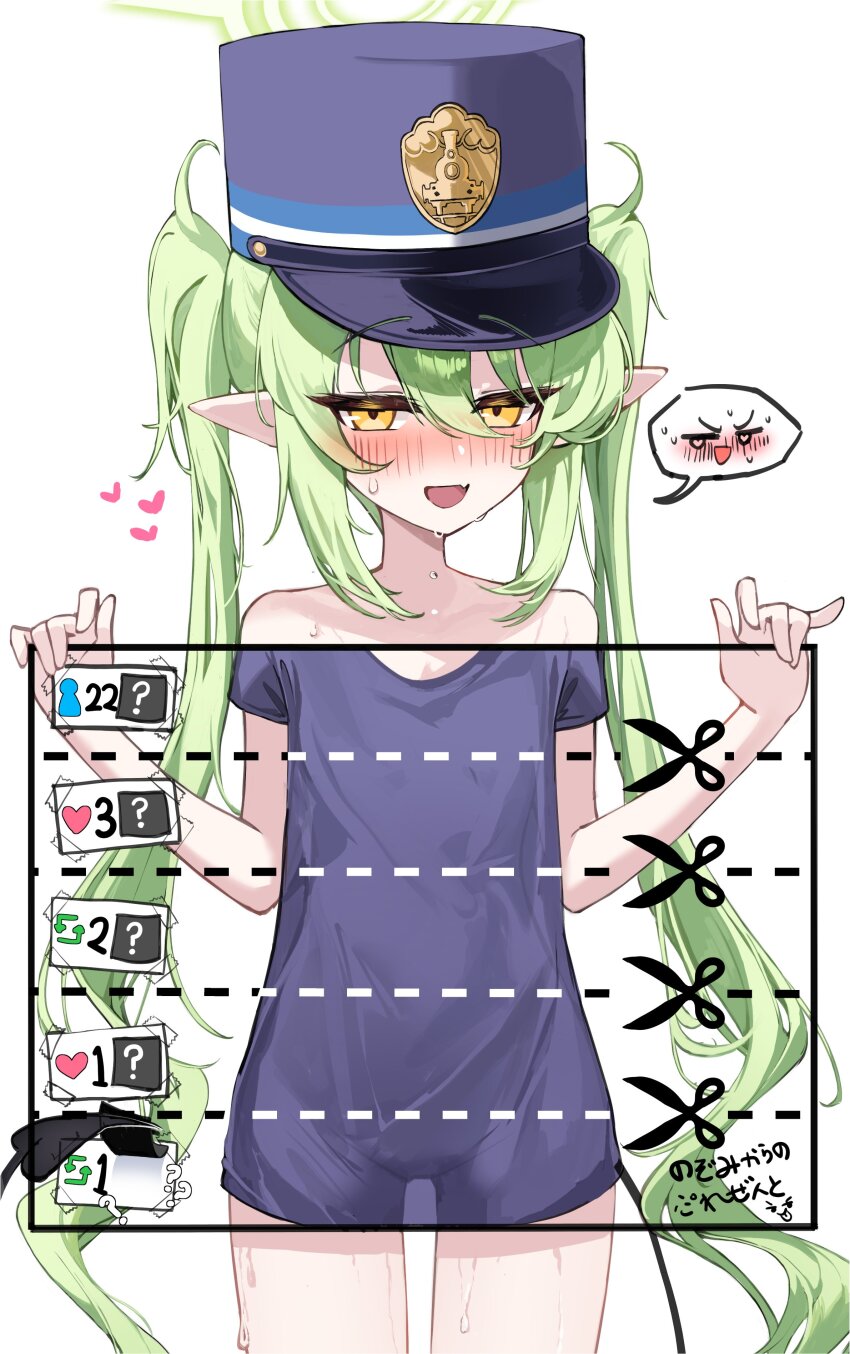 1girl absurdres bare_shoulders blue_archive blue_hat blue_shirt blush collarbone cowboy_shot cut-here_line demon_tail dotted_line fang green_hair hat highres kabedoru looking_at_viewer nozomi_(blue_archive) peaked_cap pointy_ears see-through_clothes shako_cap shirt simple_background solo sweat tail thighs twintails twitter_cutting_game twitter_strip_game white_background