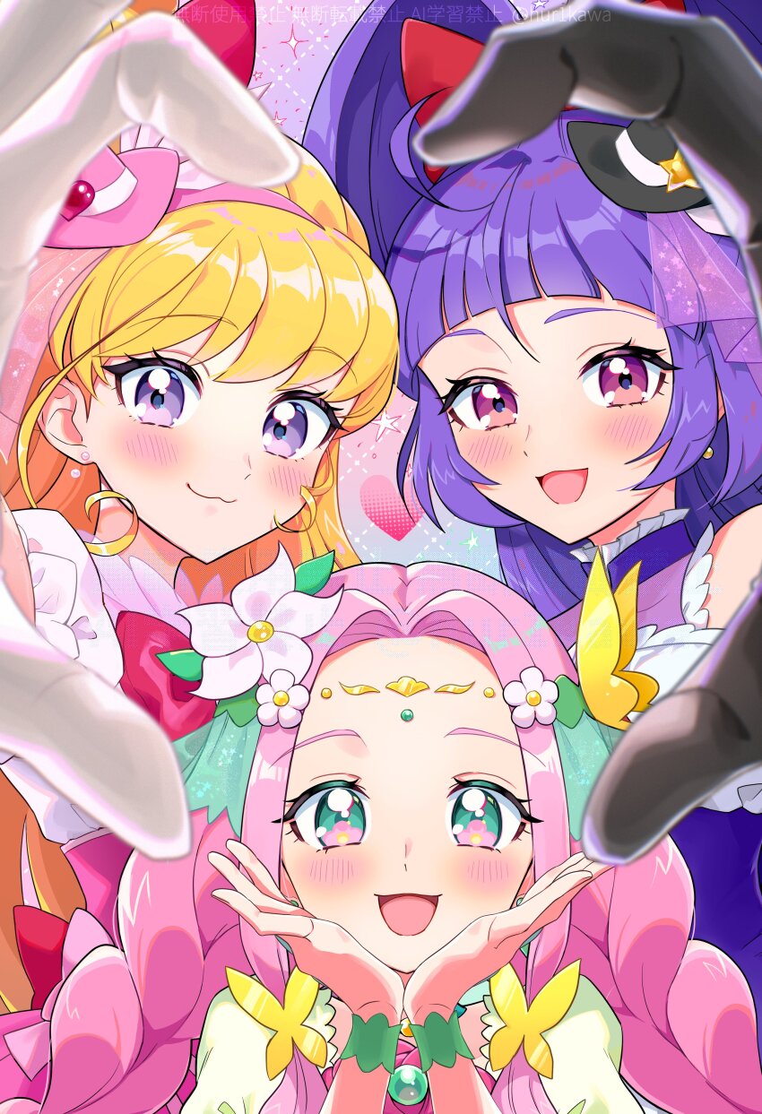 3girls :3 absurdres arched_bangs asahina_mirai black_gloves black_hat blonde_hair blush bow braid butterfly_hair_ornament closed_mouth cure_felice cure_magical cure_miracle dress earrings flat_chest furikawa_yukino gloves gradient_eyes green_dress green_eyes green_wrist_cuffs hair_bow hair_intakes hair_ornament hairband hanami_kotoha hands_on_own_cheeks hands_on_own_face hat heart heart_hands heart_hands_duo high_ponytail highres izayoi_liko jewelry long_hair looking_at_viewer magical_girl mahou_girls_precure! mini_hat multicolored_eyes multiple_girls open_mouth parted_bangs pink_bow pink_dress pink_eyes pink_hair pink_hairband pink_hat ponytail precure puffy_short_sleeves puffy_sleeves purple_dress purple_eyes purple_hair red_bow short_sleeves smile twin_braids two_side_up upper_body white_gloves witch_hat wrist_cuffs
