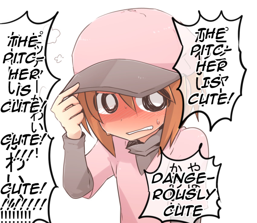 1girl adjusting_clothes adjusting_headwear baseball_cap blush bright_pupils brown_hair clenched_teeth dress embarrassed english_text full-face_blush grey_shirt hair_between_eyes hand_to_head hard-translated hat head_steam ijimeka_(meme) jiima_tarou layered_clothes meme minna_no_rhythm_tengoku nose_blush pink_dress pink_hat pitcher_(rhythm_tengoku) rhythm_tengoku shirt short_hair simple_background solo teeth third-party_edit translated turtleneck undershirt upper_body white_background white_pupils