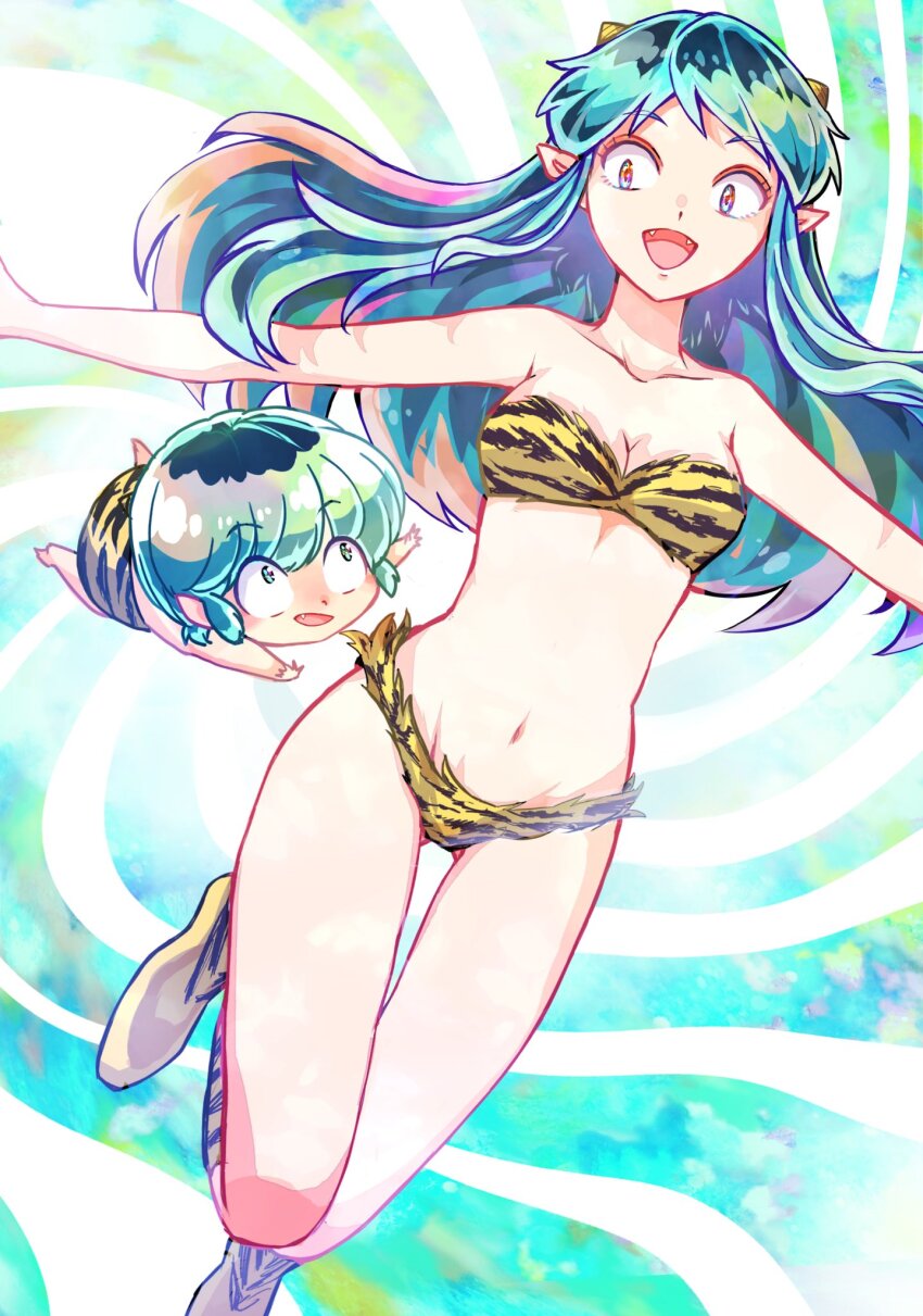 1boy 1girl 26caaan animal_print aqua_hair bare_arms bikini breasts cleavage fangs highres horns long_hair lum medium_breasts midriff navel oni open_mouth outstretched_arms pointy_ears print_bikini print_boots print_loincloth short_hair sidelocks small_horns smile swimsuit ten_(urusei_yatsura) tiger_print urusei_yatsura yellow_horns