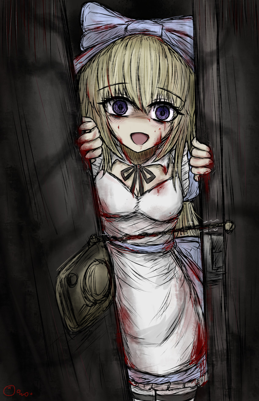 1girl :d alice_(black_souls) apron black_souls black_souls_2 blonde_hair blood blood_on_clothes blue_dress blue_eyes blue_ribbon breasts crazy_eyes detached_collar doorway dress highres jiejiang_salty long_hair looking_at_viewer medium_breasts open_mouth opening_door pantyhose pov_doorway ribbon sidelocks smile solo striped_clothes striped_pantyhose very_long_hair white_apron wide-eyed