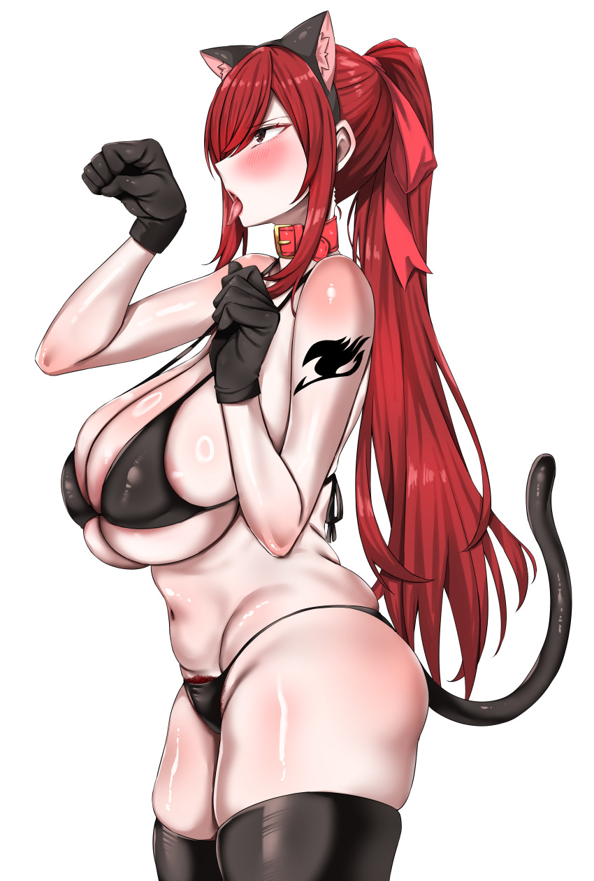1girl absurdres animal_ears arm_tattoo arm_up back-tie_bikini bikini black_bikini black_gloves black_thighhighs blush breasts cat_ears cat_tail collar curvy embarrassed erza_scarlet eyebrows eyelashes fairy_tail fake_animal_ears fake_tail female_focus female_pubic_hair from_side gloves hand_up highres huge_breasts looking_afar matching_hair/eyes navel open_mouth paw_pose pipienpippi ponytail profile pubic_hair red_collar red_eyes red_hair simple_background solo swimsuit tail tattoo thick_thighs thighhighs thighs tongue tongue_out white_background wide_hips