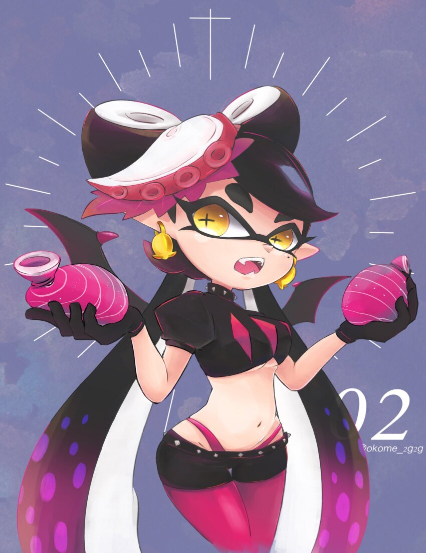 balloon bat_wings black_crop_top black_gloves black_hair black_leather black_leather_crop_top black_leather_gloves bow-shaped_hair burst_bomb_(splatoon) callie_(octo_idol_outfit)_(splatoon) callie_(splatoon) clothes collar colored_skin crop_top earrings eyelashes gloves gold_earring highres holding holding_balloon jewelry long_hair midriff mini_wings mole mole_under_eye multicolored_hair navel nintendo octarian_(enemy) octopus_hair_ornament octopus_sausage_earrings okome_2g2g open_mouth panties pantyhose pink_leaf pink_panties pink_shiso_leaf pink_tights pointy_ears simple_background spiked_collar spiked_waistband spikes splatoon_(series) splatoon_2 spotted_hair standing suction_cups symbol-shaped_pupils tentacle_hair twintails underwear very_long_hair water_balloon white_skin wide-eyed wings yellow_eyes