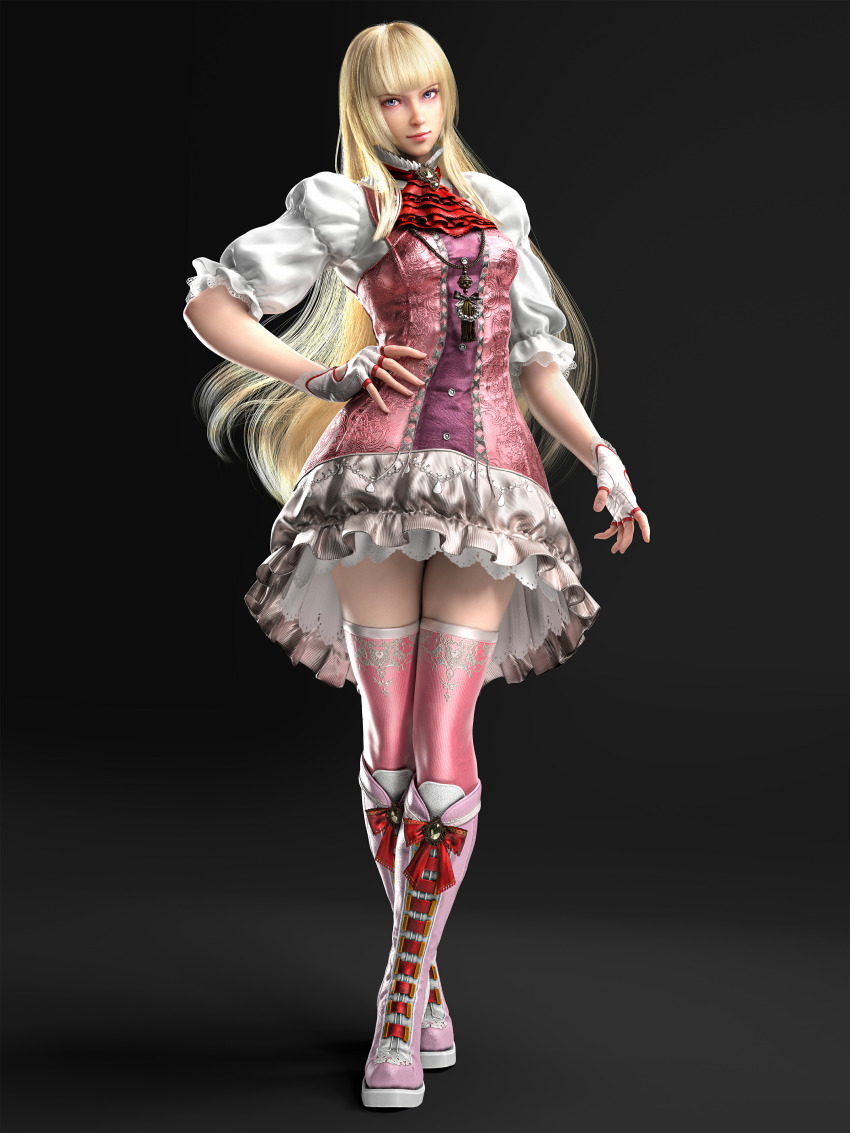 1girl 3d absurdres ascot blonde_hair blunt_bangs boots dress emilie_de_rochefort fingerless_gloves gloves highres hime_cut knee_boots long_hair looking_at_viewer non-web_source official_art pink_boots pink_dress pink_thighhighs puffy_sleeves purple_eyes red_ascot sidelocks smile solo standing tekken tekken_8 thighhighs white_gloves