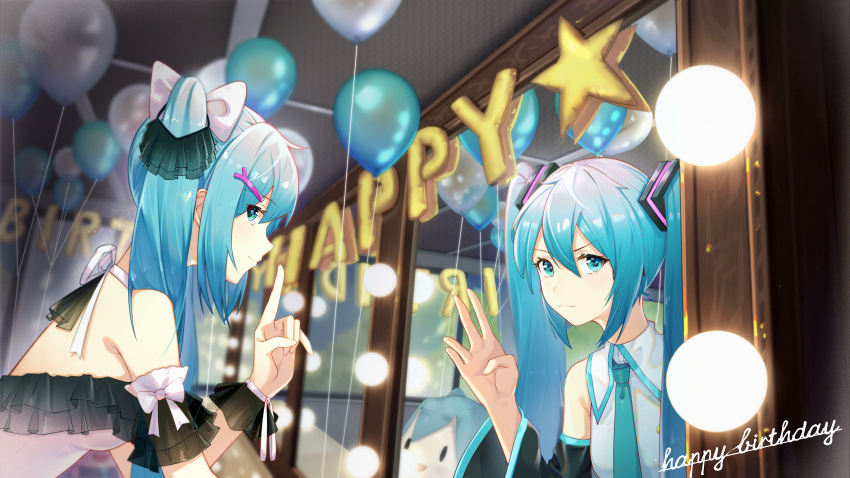 1girl :3 absurdres aqua_eyes aqua_necktie balloon bare_shoulders blue_hair bow breasts character_doll choker collared_shirt commentary_request detached_sleeves different_reflection frills from_side hair_bow hair_ornament hairclip happy_birthday hatsune_miku highres index_finger_raised indoors long_hair long_sleeves looking_at_viewer looking_to_the_side mirror necktie pink_bow profile reflection see-through_clothes shirt short_hair small_breasts star_(symbol) twintails v-shaped_eyebrows very_long_hair vocaloid white_choker white_shirt wrist_cuffs zuiai_gongzhu_dianxia