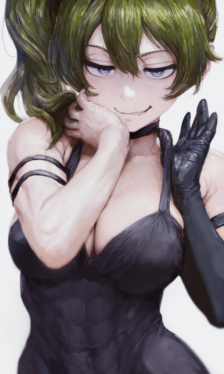 1girl arm_strap bare_shoulders biting_own_lip black_choker black_dress black_gloves breasts choker dress gloves green_hair hair_between_eyes highres large_breasts long_hair looking_at_viewer mercyofblade purple_eyes side_ponytail simple_background single_glove smile solo sousou_no_frieren ubel_(sousou_no_frieren) white_background