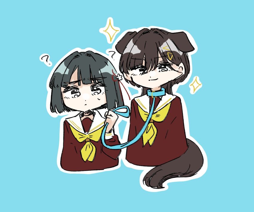 2girls ? animal_collar animal_ears black_hair blunt_bangs blunt_ends bob_cut brown_dress brown_hair collar commentary_request cropped_torso dog_ears dog_girl dog_tail dress hair_intakes hair_ornament hasu_no_sora_school_uniform holding holding_leash katsuragi_izumi kemonomimi_mode leash link!_like!_love_live! long_hair long_sleeves looking_at_viewer love_live! momose_ginko multiple_girls neckerchief puripuri_hurai sailor_collar sailor_dress school_uniform short_hair sparkle tail triangle_hair_ornament v-shaped_eyebrows virtual_youtuber white_sailor_collar winter_uniform wolf_cut yellow_neckerchief
