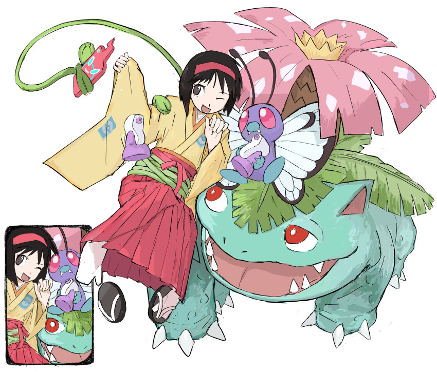1girl absurdres bottle butterfree commentary_request erika_(pokemon) furisode_sleeves gen_1_pokemon gen_4_pokemon hairband hakama hakama_skirt highres japanese_clothes keina_(ke1na_h) kimono nintendo pokemon pokemon_(creature) pokemon_frlg pokemon_tcg potion_(pokemon) red_hairband red_hakama rotom rotom_phone sandals selfie simple_background skirt socks spray_bottle tabi taking_picture venusaur white_background white_socks yellow_kimono zouri