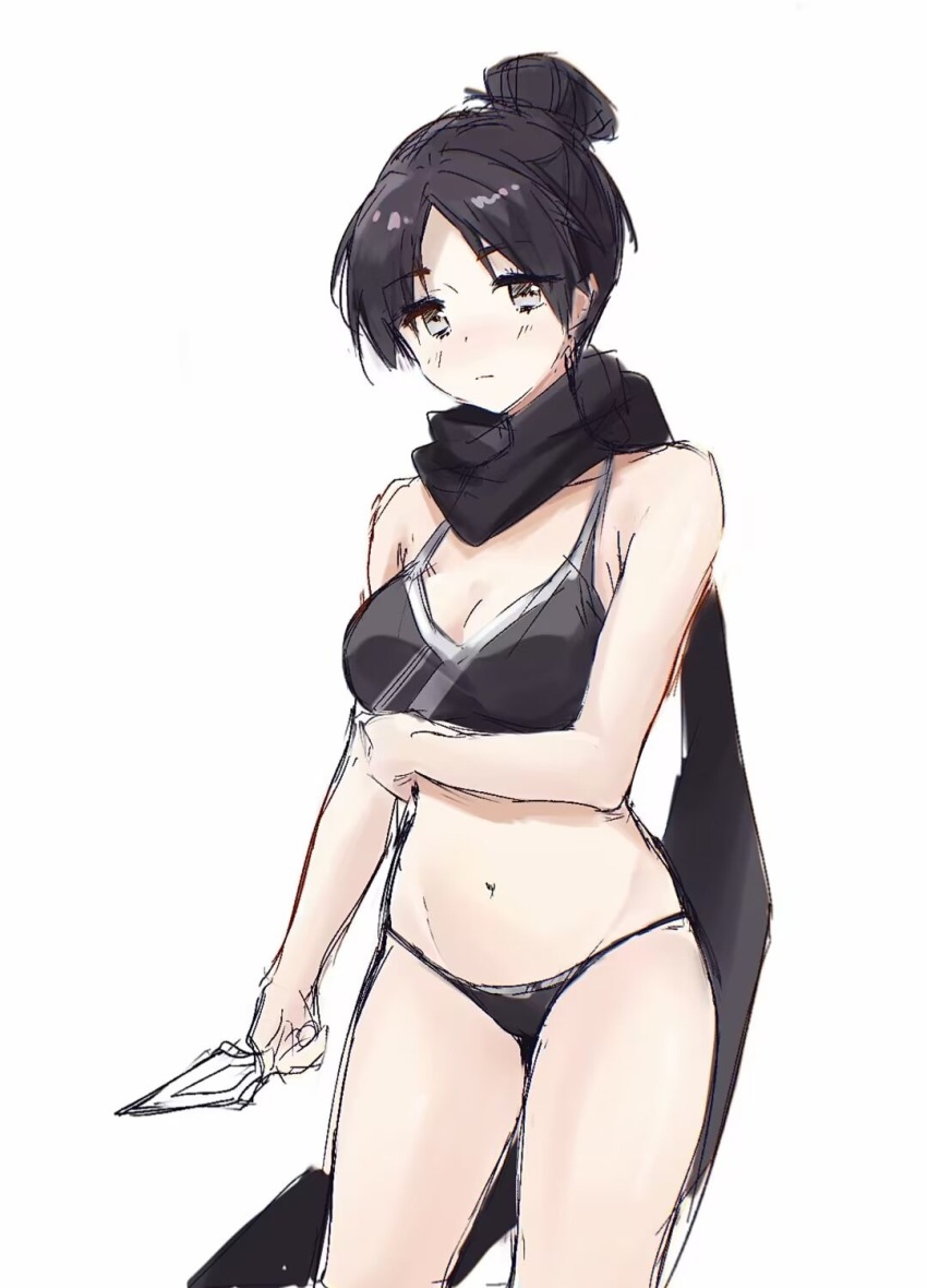 1girl animification apex_legends arm_under_breasts bikini black_bikini black_eyes black_hair black_scarf breasts chinese_commentary cleavage collarbone groin hair_behind_ear head_tilt highres holding holding_knife hope&#039;s_dusk_(apex_legends) jianye knife kunai light_frown looking_at_viewer medium_breasts navel scarf sketch solo swimsuit weapon wraith_(apex_legends)