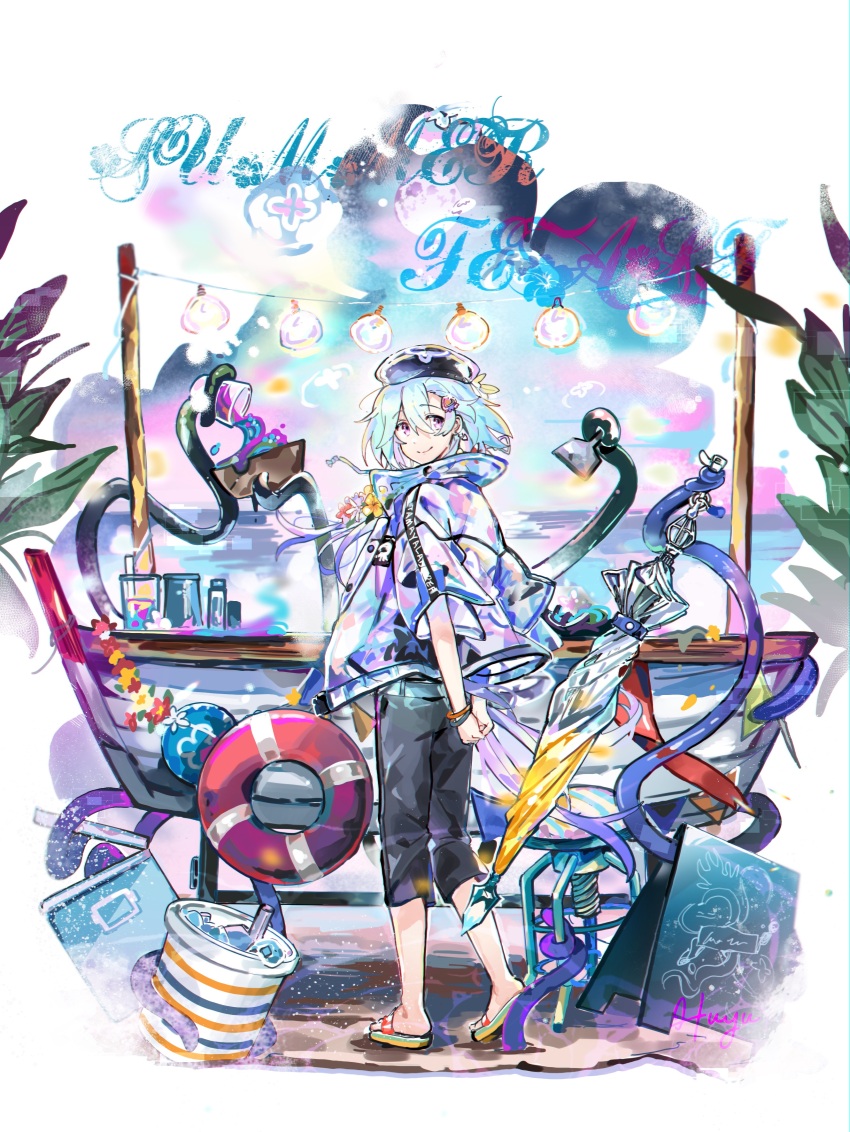 1boy absurdres arknights arms_behind_back black_shorts blue_headwear boat bracelet closed_mouth cup disposable_cup highres holding holding_umbrella jacket jewelry looking_at_viewer male_focus menu_board mizuki_(arknights) mizuki_(summer_feast)_(arknights) purple_eyes sandals see-through_clothes see-through_jacket shorts smile solo tentacles umbrella watercraft wed_(lim38869577)