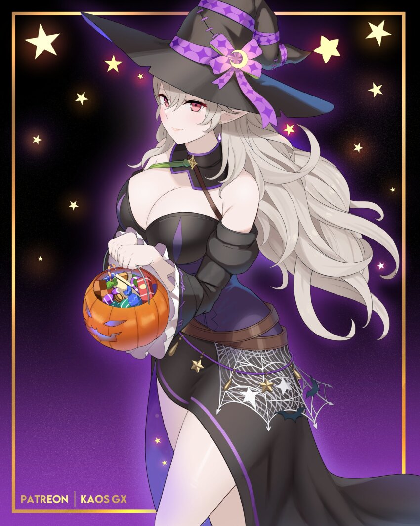 1girl bare_shoulders basket belt black_dress black_hat breasts brown_belt candy cleavage corrin_(female)_(fire_emblem) corrin_(female)_(halloween)_(fire_emblem) cowboy_shot dress fire_emblem fire_emblem_fates fire_emblem_heroes food grey_hair halloween halloween_costume halterneck hat highres holding holding_basket juliet_sleeves kaos_art large_breasts long_hair long_sleeves looking_at_viewer nintendo off-shoulder_dress off_shoulder official_alternate_costume pink_eyes puffy_sleeves smile solo standing thighs very_long_hair witch witch_hat