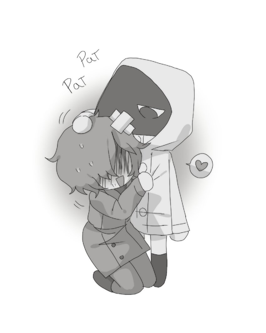 1boy 1girl absurdres bleeding blood blood_from_forehead blush coat deliriumcenter english_text full_body greyscale headpat heroine_(homicipher) highres homicipher hood hood_up monochrome mr._scarletella raincoat short_hair simple_background white_background