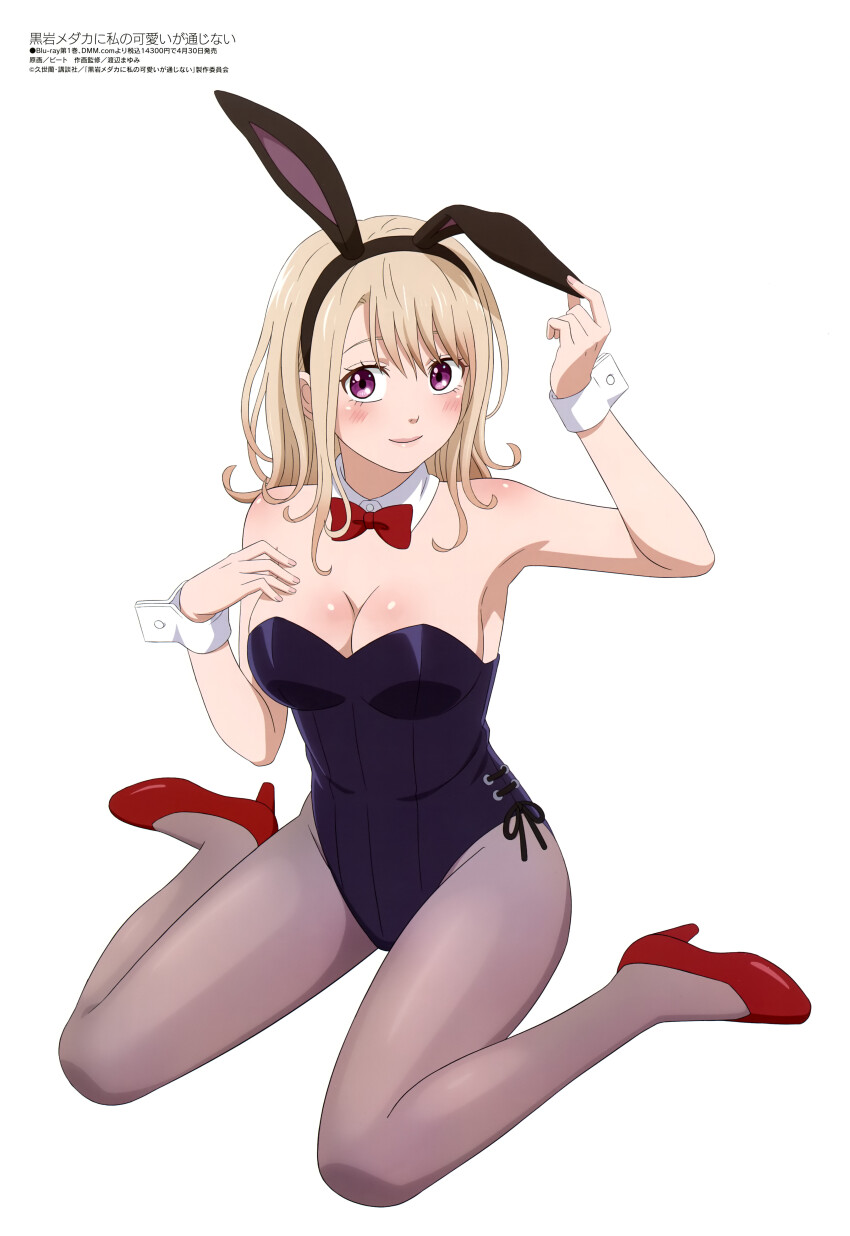 1girl absurdres animal_ears bare_shoulders black_leotard blonde_hair bow bowtie breasts cleavage closed_mouth detached_collar hand_on_own_chest high_heels highres kawai_mona kuroiwa_medaka_ni_watashi_no_kawaii_ga_tsuujinai large_breasts leotard long_hair megami_magazine pantyhose purple_eyes rabbit_ears red_bow red_bowtie shiny_skin simple_background sitting smile solo strapless strapless_leotard thighs wariza white_background wrist_cuffs