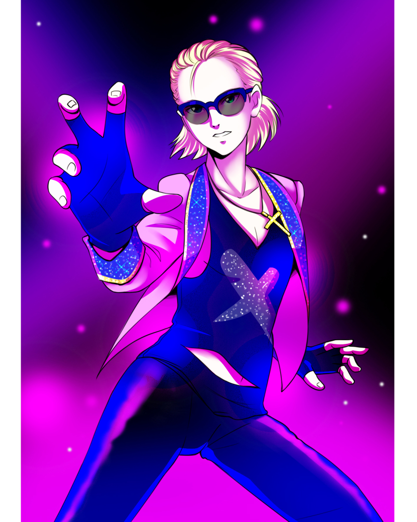 blonde_hair figure_skating glasses gloves green_eyes highres ice_skates jacket long_hair male_focus self-upload skates yuri!!!_on_ice yuri_plisetsky