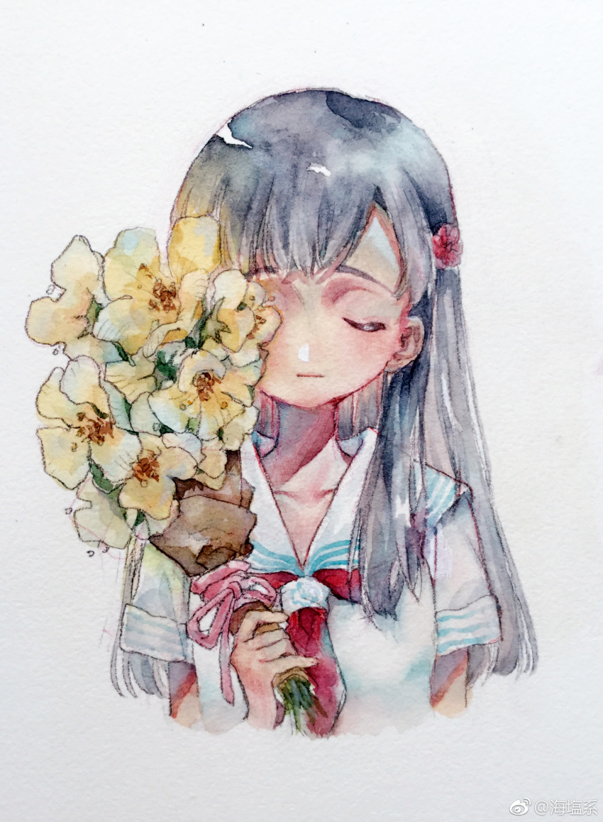 1girl closed_eyes flower highres idolmaster idolmaster_cinderella_girls kobayakawa_sae long_hair red_scarf rerain scarf shirt white_shirt