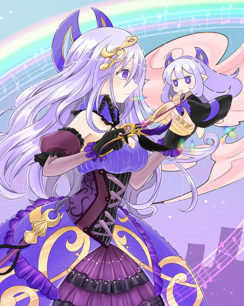 1girl black_gloves breasts chibi closed_mouth corset detached_sleeves dress duel_monster fortissimo gloves hair_ornament highres holding holding_instrument holding_saxophone holding_staff instrument long_hair looking_at_another medium_breasts musical_note musical_note_hair_ornament musical_staff purple_corset purple_dress purple_eyes purple_hair saxophone sheet_music smile solsolfachord_gracia staff ukyou_kuro yu-gi-oh!