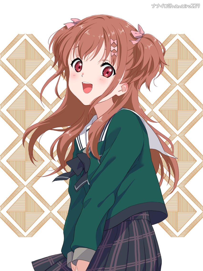 1girl 22/7 :d artist_name black_bow black_bowtie black_skirt bow bowtie brown_eyes brown_hair cowboy_shot from_side green_shirt hair_bow hair_ornament highres long_hair long_sleeves looking_at_viewer nanairo_(nanairo227) open_mouth pink_bow plaid_clothes plaid_skirt pleated_skirt rokubanchou_school_uniform sailor_collar school_emblem school_uniform sera_honoka serafuku shirt skirt smile solo standing teeth two_side_up upper_teeth_only white_sailor_collar winter_uniform