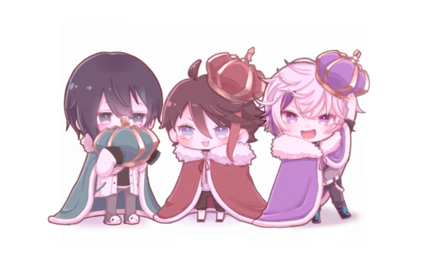 3boys black_hair blonde_hair blue_cape cape chibi chibi_only crown full_body fur-trimmed_cape fur_trim fuwa_minato holding holding_crown majors_(nijisanji) male_focus mayuzumi_kai mi_oxo_9m multicolored_hair multiple_boys nijisanji open_mouth purple_cape red_cape saegusa_akina simple_background streaked_hair virtual_youtuber white_background