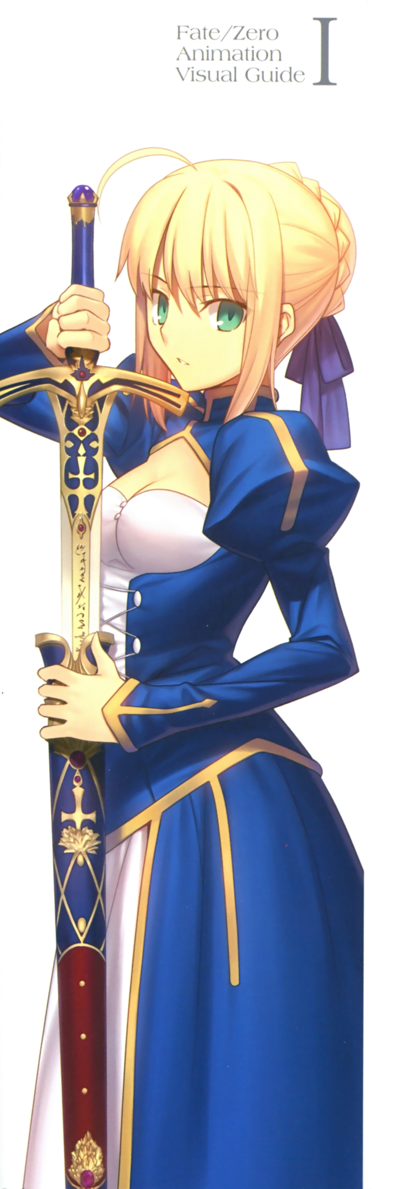 1girl absurdres ahoge artoria_pendragon_(fate) blonde_hair blue_bow blue_dress blue_ribbon blue_skirt bow braid breasts caliburn_(fate) cleavage dress english_text fate/stay_night fate/zero fate_(series) female_focus green_eyes hair_bow hair_bun hair_ribbon highres holding holding_sheath holding_sword holding_weapon long_image long_skirt long_sleeves looking_at_viewer medium_hair no_bra official_art puffy_sleeves ribbon saber_(fate) scan sexually_suggestive sheath simple_background single_hair_bun skirt small_breasts solo solo_focus sword takeuchi_takashi type-moon unsheathed unsheathing weapon white_background