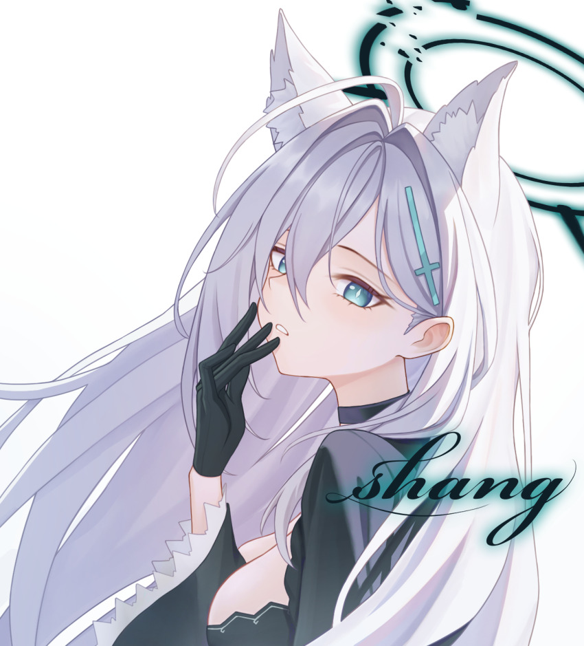 1girl animal_ear_fluff animal_ears aqua_eyes artist_name backlighting black_choker black_dress black_gloves black_halo blue_archive breasts bright_pupils chinese_commentary choker commentary cross_hair_ornament dress extra_ears eyebrows_hidden_by_hair eyelashes floating_hair frilled_sleeves frills from_side fu_shang gloves grey_hair hair_behind_ear hair_between_eyes hair_intakes hair_ornament halo hand_up highres large_breasts long_hair long_sleeves looking_at_viewer parted_lips shiroko_(blue_archive) shiroko_terror_(blue_archive) sideboob simple_background solo tsurime upper_body very_long_hair white_background white_pupils wide_sleeves wolf_ears wolf_girl