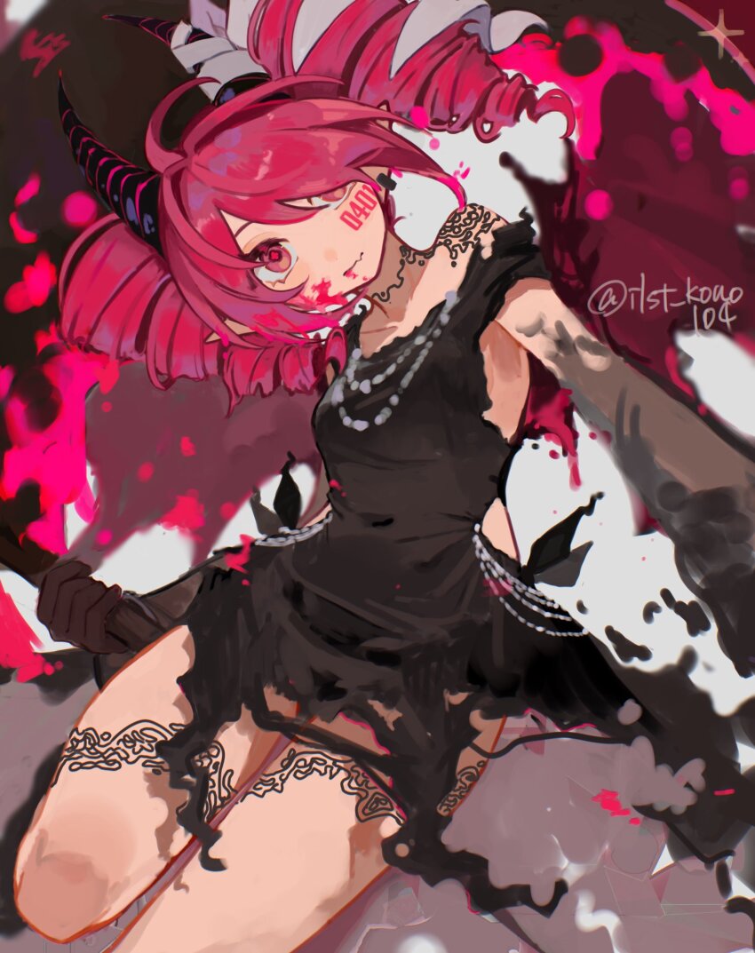 1girl ahoge alternate_costume black_dress black_gloves black_horns black_wings breasts collarbone contrapposto demon_horns demon_wings detached_sleeves dress drill_hair embers facial_tattoo gloves grey_sleeve_cuffs hair_between_eyes hair_over_one_eye hair_ribbon head_tilt highres holding horns jewelry kasane_teto kasane_teto_(sv) konoha_hakawaii leg_tattoo leg_up neck_tattoo necklace number_tattoo pink_tattoo red_hair ribbon short_sleeves shoulder_tattoo single_off_shoulder small_breasts solo standing synthesizer_v tattoo torn_clothes torn_dress twin_drills utau white_ribbon wings