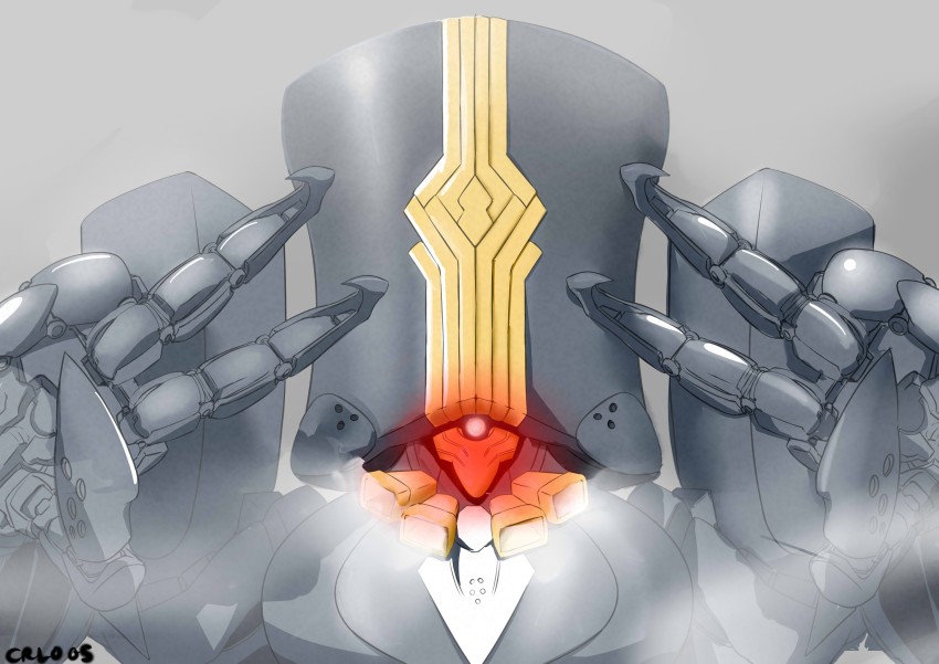 absurdres c-r-l-o-0-5 char charles_babbage_(fate) double_v emotional_engine_-_full_drive fate/grand_order fate_(series) glowing glowing_eyes grey_background hands_up highres mecha no_humans parody robot simple_background solo steam v